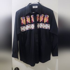 Cedars Colorful Embroidered Black Women's Button Down Shirt, Size Large.